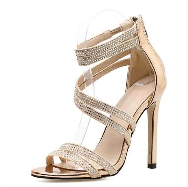 Women Sandals Open Toe Rhinestone Straps Cross High Heel