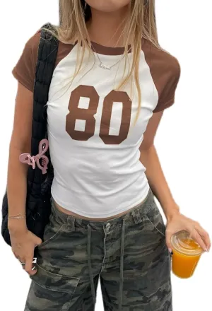 Women Short Sleeve Jersey Crop Tops Vintage 90s Y2k Baby Tees Crewneck Number Graphic Slim Fit T-Shirts