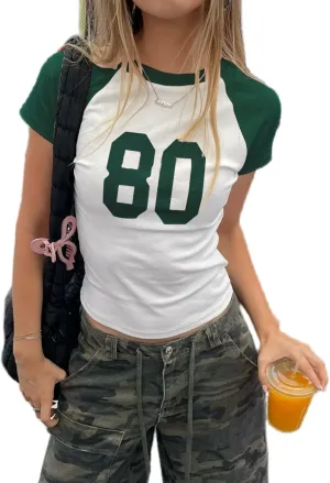 Women Short Sleeve Jersey Crop Tops Vintage 90s Y2k Baby Tees Crewneck Number Graphic Slim Fit T-Shirts