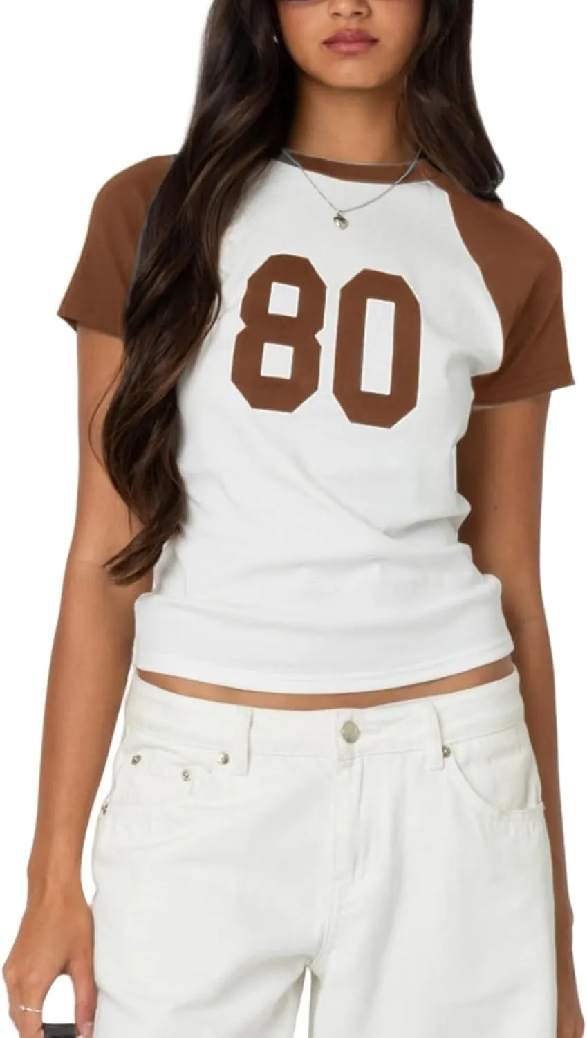 Women Short Sleeve Jersey Crop Tops Vintage 90s Y2k Baby Tees Crewneck Number Graphic Slim Fit T-Shirts