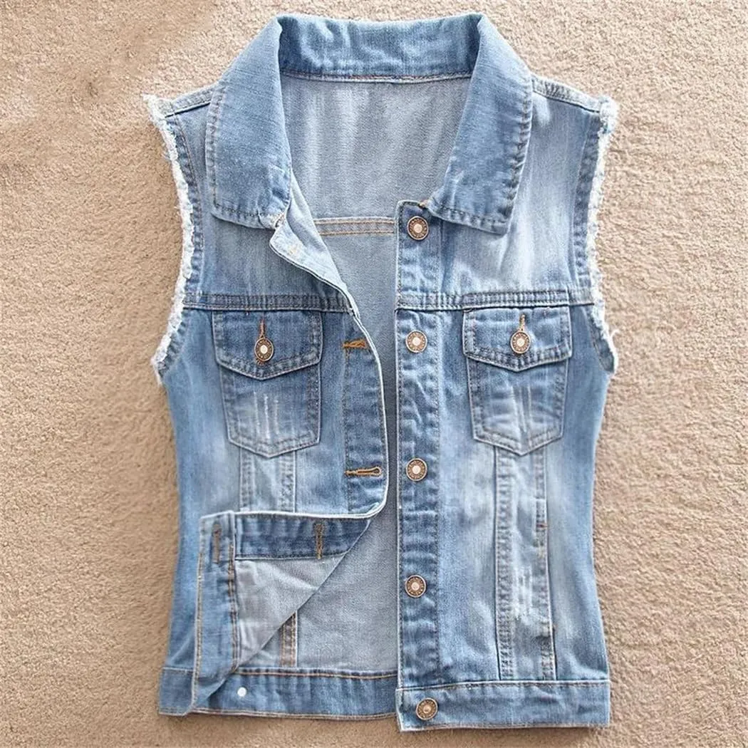 Women Spring Summer Sleeveless Jeans Denim Vest Button Down Waistcoat Vests Tops