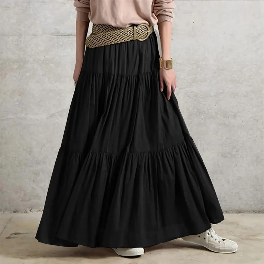Women Summer Bohemian Swing Beach Skirt High Waist A Line Flowy Layered Ruffle Pleated Long Skirt