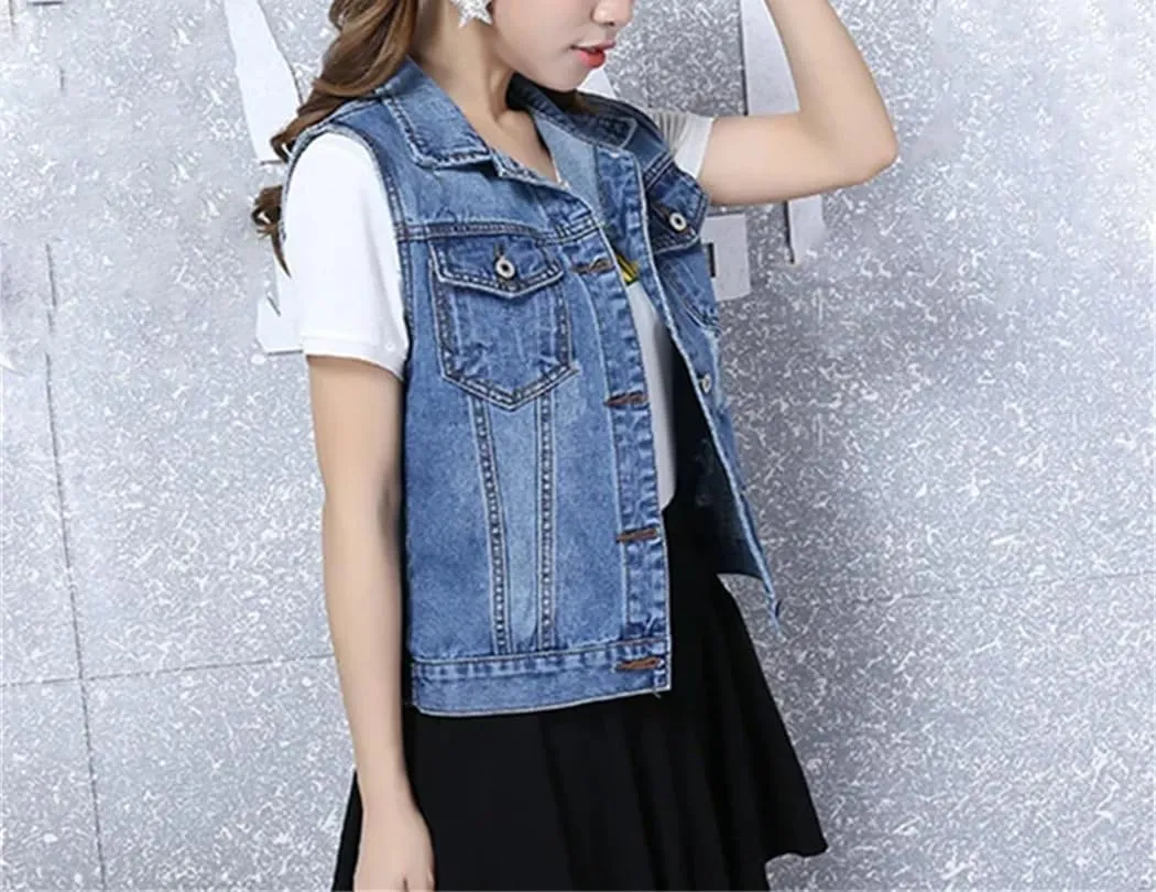 Women Vintage Sleeveless Jean Waistcoat Short Jacket Outerwear Spring Autumn Denim Vest