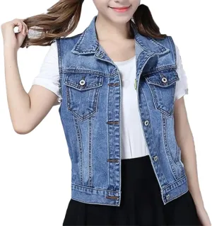 Women Vintage Sleeveless Jean Waistcoat Short Jacket Outerwear Spring Autumn Denim Vest