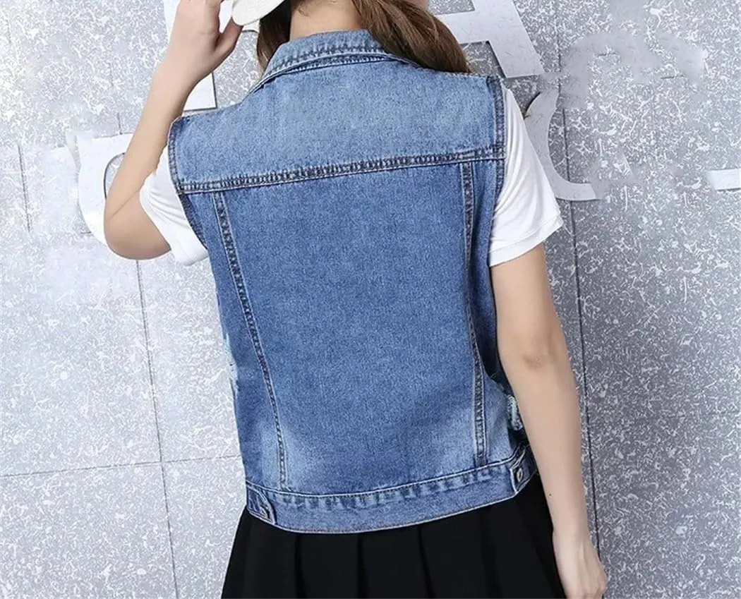 Women Vintage Sleeveless Jean Waistcoat Short Jacket Outerwear Spring Autumn Denim Vest