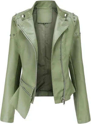 Women Vintage Thin Pu Faux Leather Short Jacket Street Female Zipper Retro Moto Biker Coat