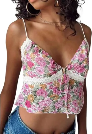 Women Y2K Coquette Floral Print Tie Front Crop Cami Top Spaghetti Strap V Neck Slim Fit Ruffle Hem Cropped Tank