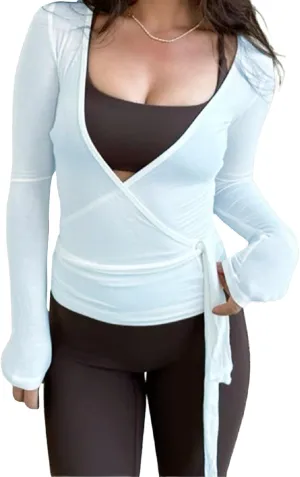 Women Y2K Cross Wrap Long Sleeve Crop Top Deep V Neck Tie Knot Blouse T-Shirt Slim Fit Workout Yoga Shirt