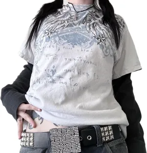 Women Y2K Grunge T Shirt Emo Aesthetics Graphic Tops Teen Girl Vintage Baggy Goth Tops Harajuku Punk Grunge Clothes