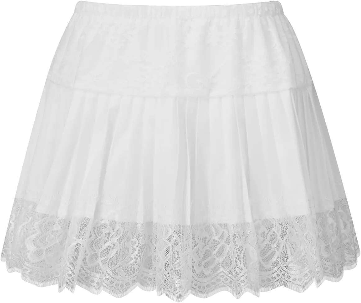 Women Y2k Lace Ruffle Pleated Mini Skirts Low Rise Ruched Fairy Mesh Micro Skirts Half Slip Layered Mini Skirts