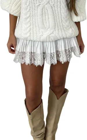 Women Y2k Lace Ruffle Pleated Mini Skirts Low Rise Ruched Fairy Mesh Micro Skirts Half Slip Layered Mini Skirts