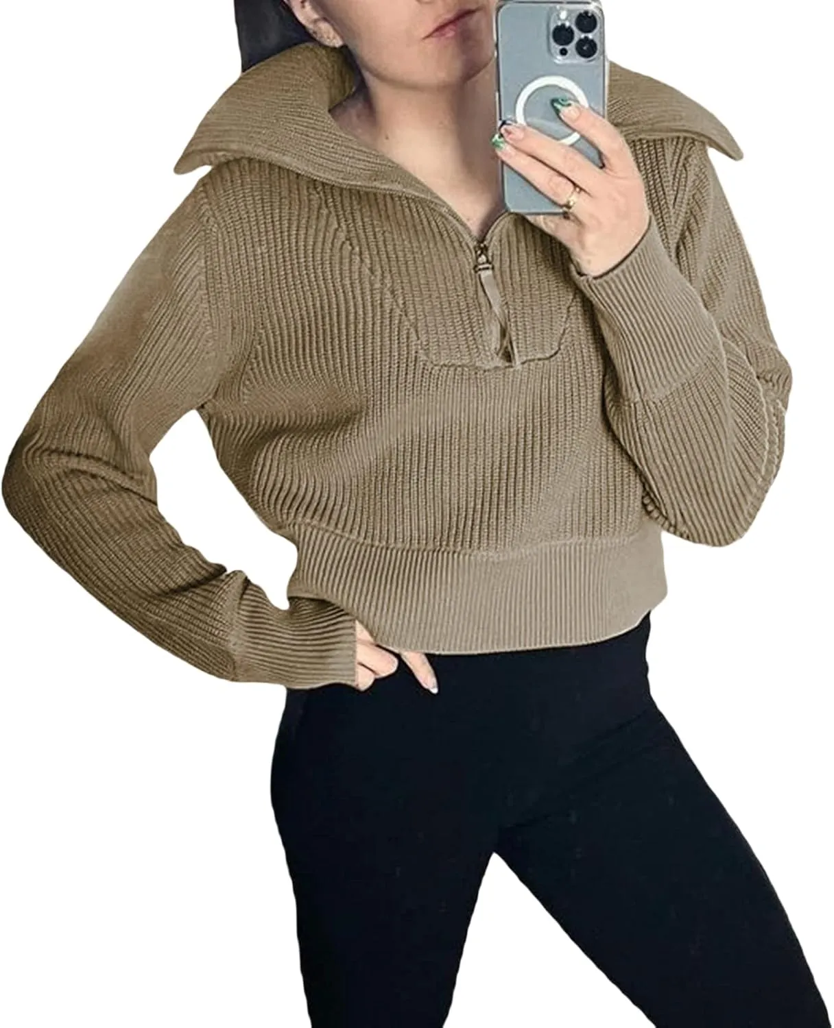 Women Zipper Long Sleeve Turtleneck Sweater Oversized Collared High Neck Pullover Ribbed Knit Solid Jumper Top