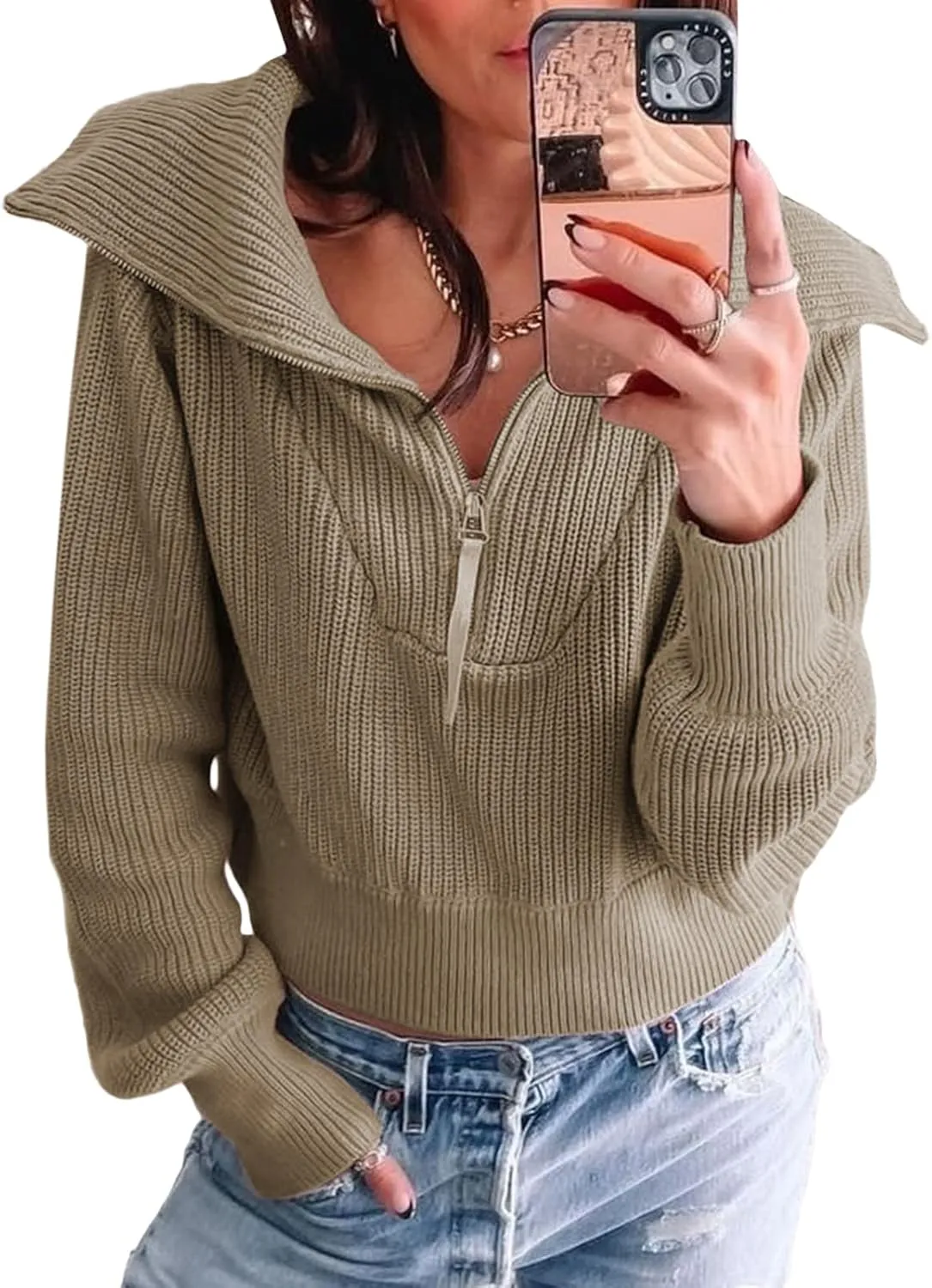 Women Zipper Long Sleeve Turtleneck Sweater Oversized Collared High Neck Pullover Ribbed Knit Solid Jumper Top