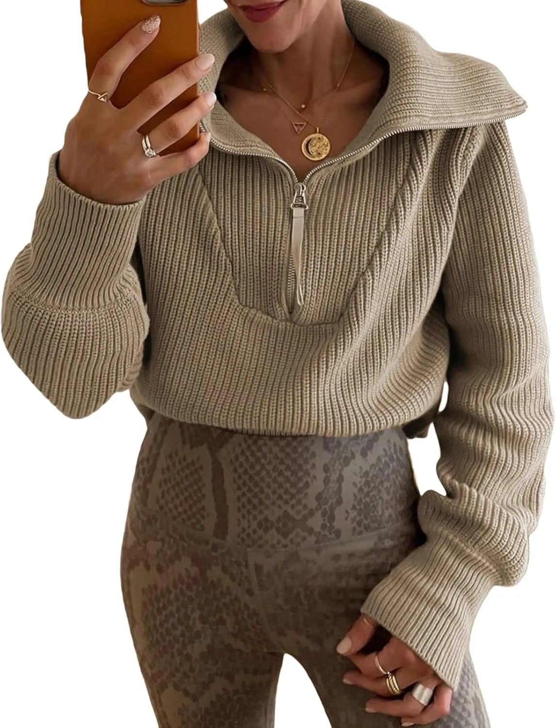 Women Zipper Long Sleeve Turtleneck Sweater Oversized Collared High Neck Pullover Ribbed Knit Solid Jumper Top