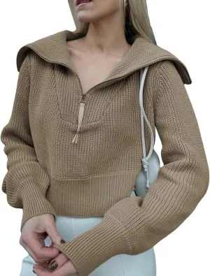 Women Zipper Long Sleeve Turtleneck Sweater Oversized Collared High Neck Pullover Ribbed Knit Solid Jumper Top