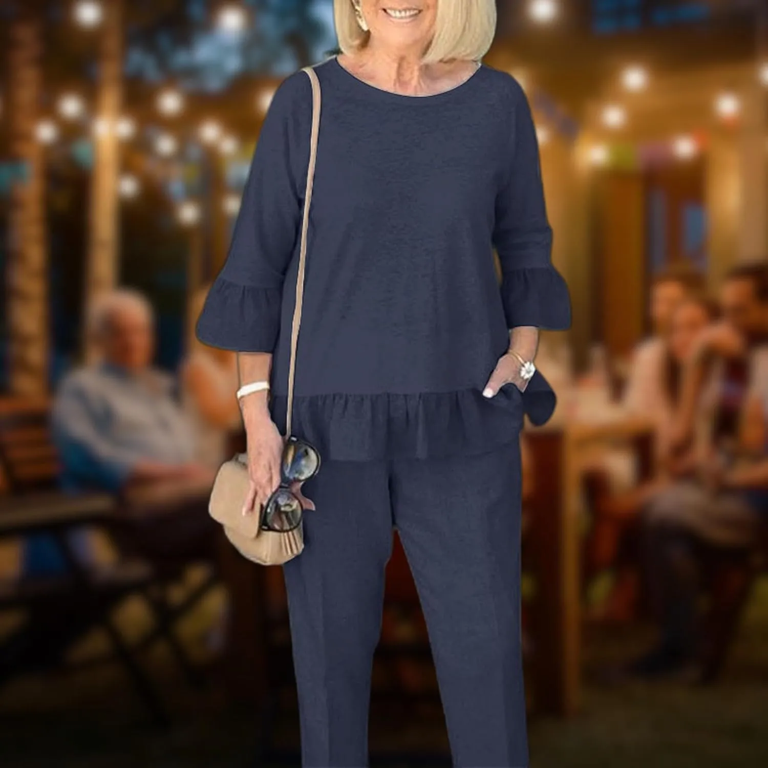 Womens 2 Piece Linen Set Solid Outfits Set Crewneck 3/4 Sleeve Tank Top and Wide Leg Pants Suit Dressy