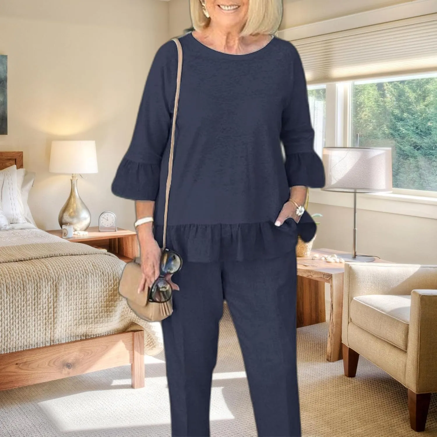 Womens 2 Piece Linen Set Solid Outfits Set Crewneck 3/4 Sleeve Tank Top and Wide Leg Pants Suit Dressy