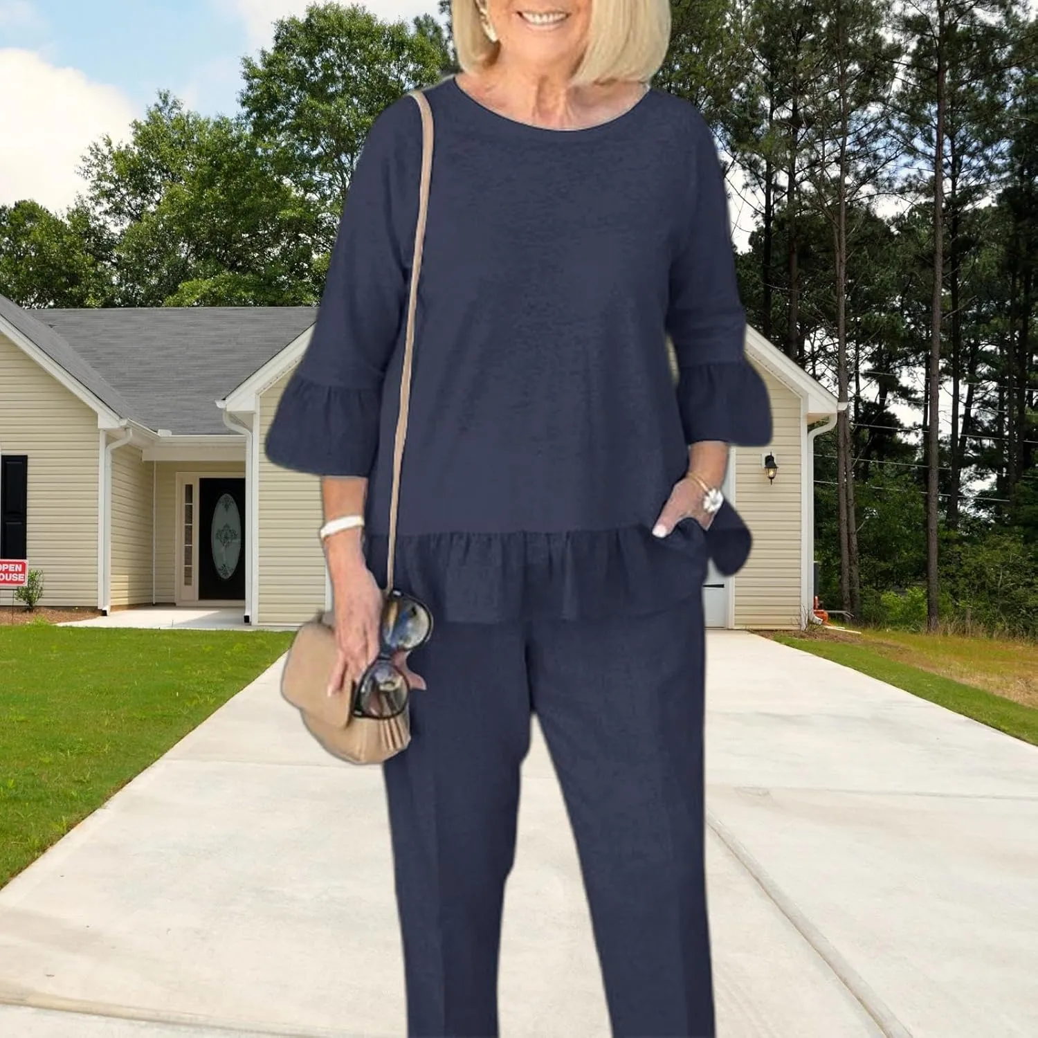 Womens 2 Piece Linen Set Solid Outfits Set Crewneck 3/4 Sleeve Tank Top and Wide Leg Pants Suit Dressy