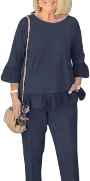 Womens 2 Piece Linen Set Solid Outfits Set Crewneck 3/4 Sleeve Tank Top and Wide Leg Pants Suit Dressy