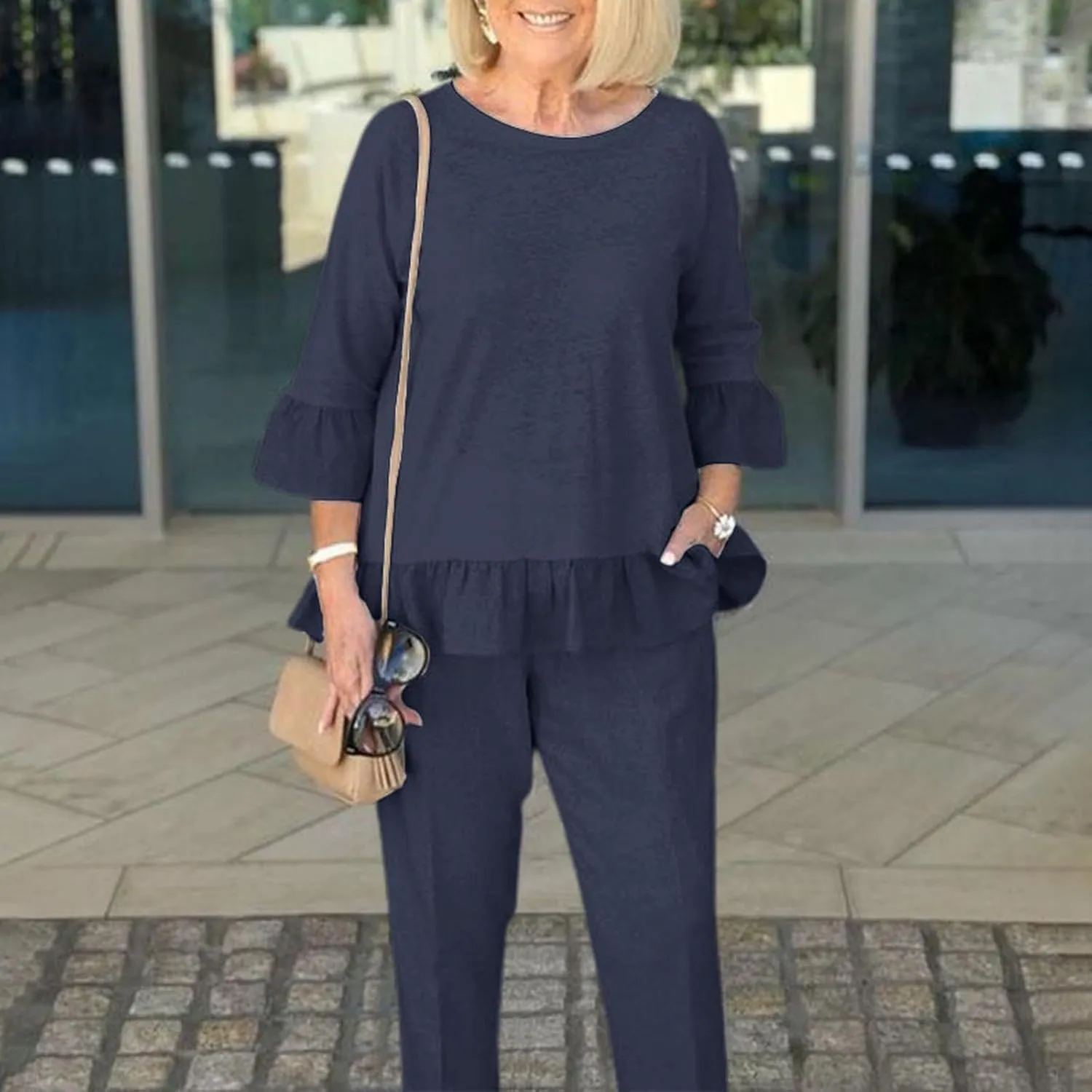 Womens 2 Piece Linen Set Solid Outfits Set Crewneck 3/4 Sleeve Tank Top and Wide Leg Pants Suit Dressy