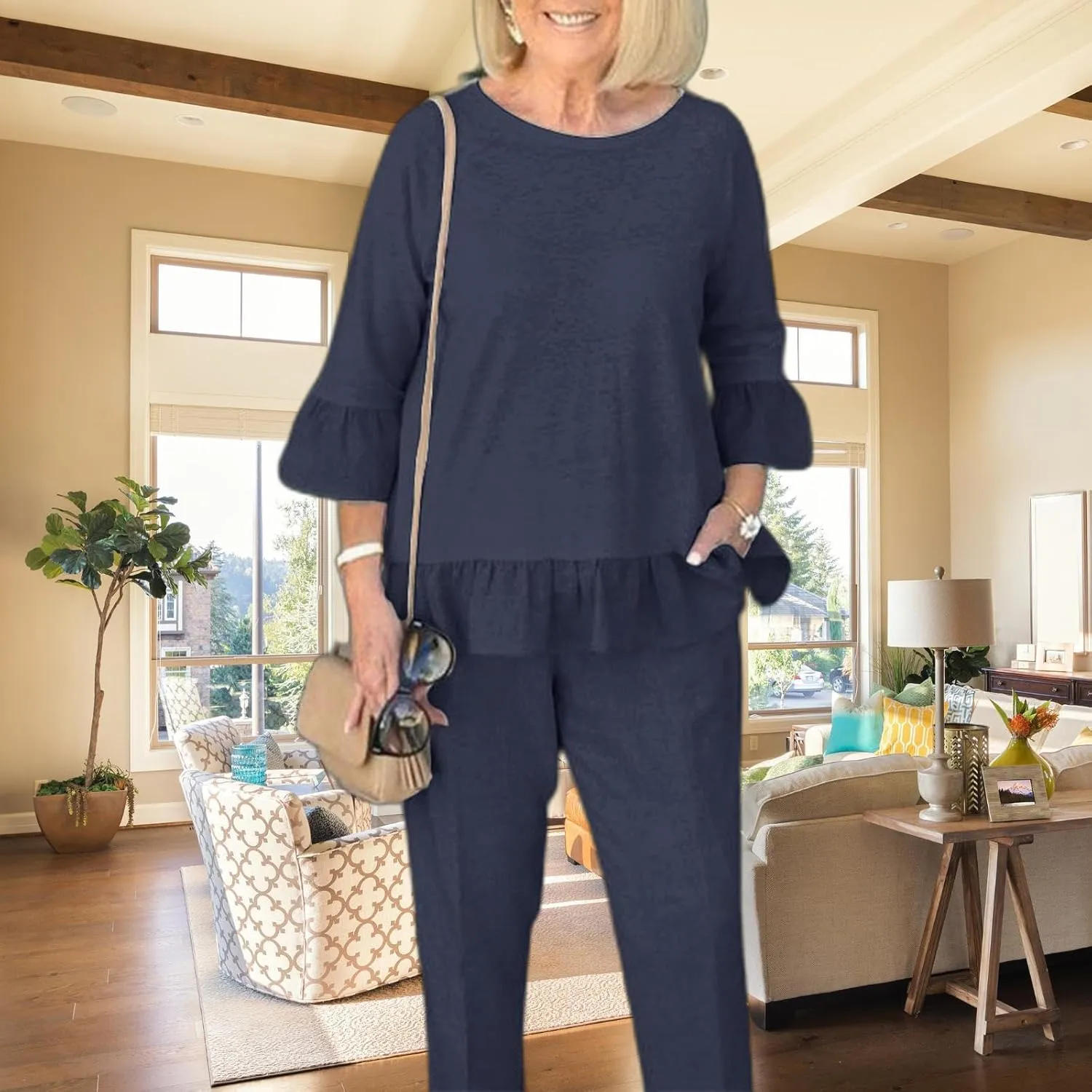 Womens 2 Piece Linen Set Solid Outfits Set Crewneck 3/4 Sleeve Tank Top and Wide Leg Pants Suit Dressy