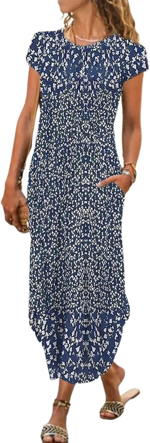 Women's 2025 Summer Floral Maxi Dress Shift Beach Dress Vacation Dress Trendy Crew Neck Garden Party Outfits