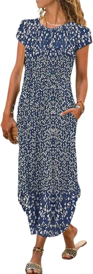Women's 2025 Summer Floral Maxi Dress Shift Beach Dress Vacation Dress Trendy Crew Neck Garden Party Outfits