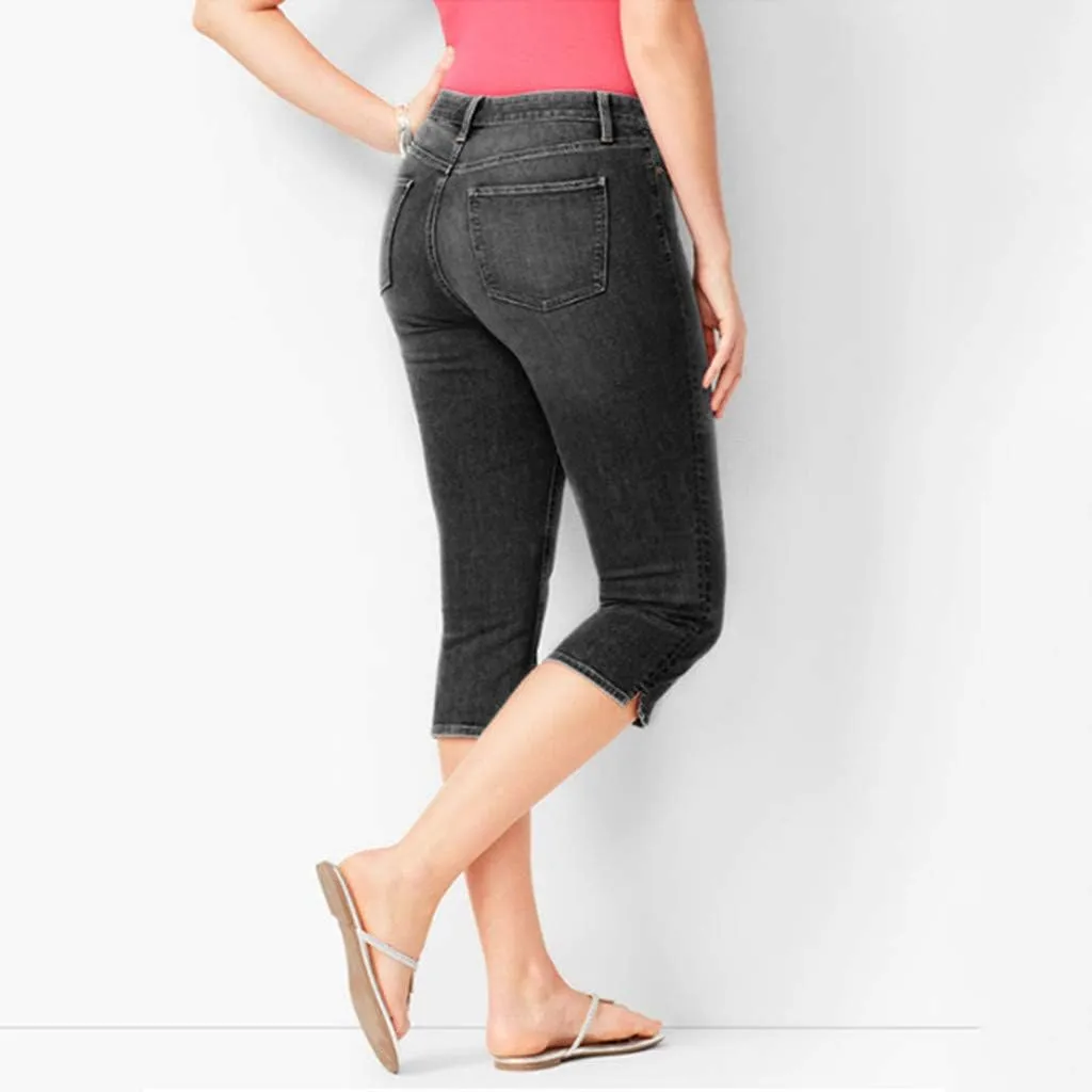 Womens 3/4 Length Casual Jeans Trendy Stretch Zipper Button High Waiste Calf Denim Pant Gradient Tight Casual Trouser