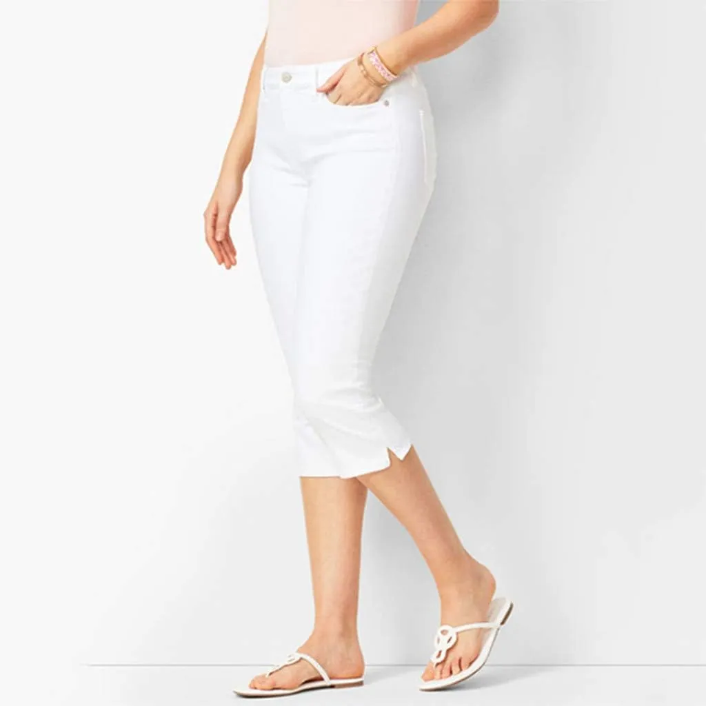 Womens 3/4 Length Casual Jeans Trendy Stretch Zipper Button High Waiste Calf Denim Pant Gradient Tight Casual Trouser