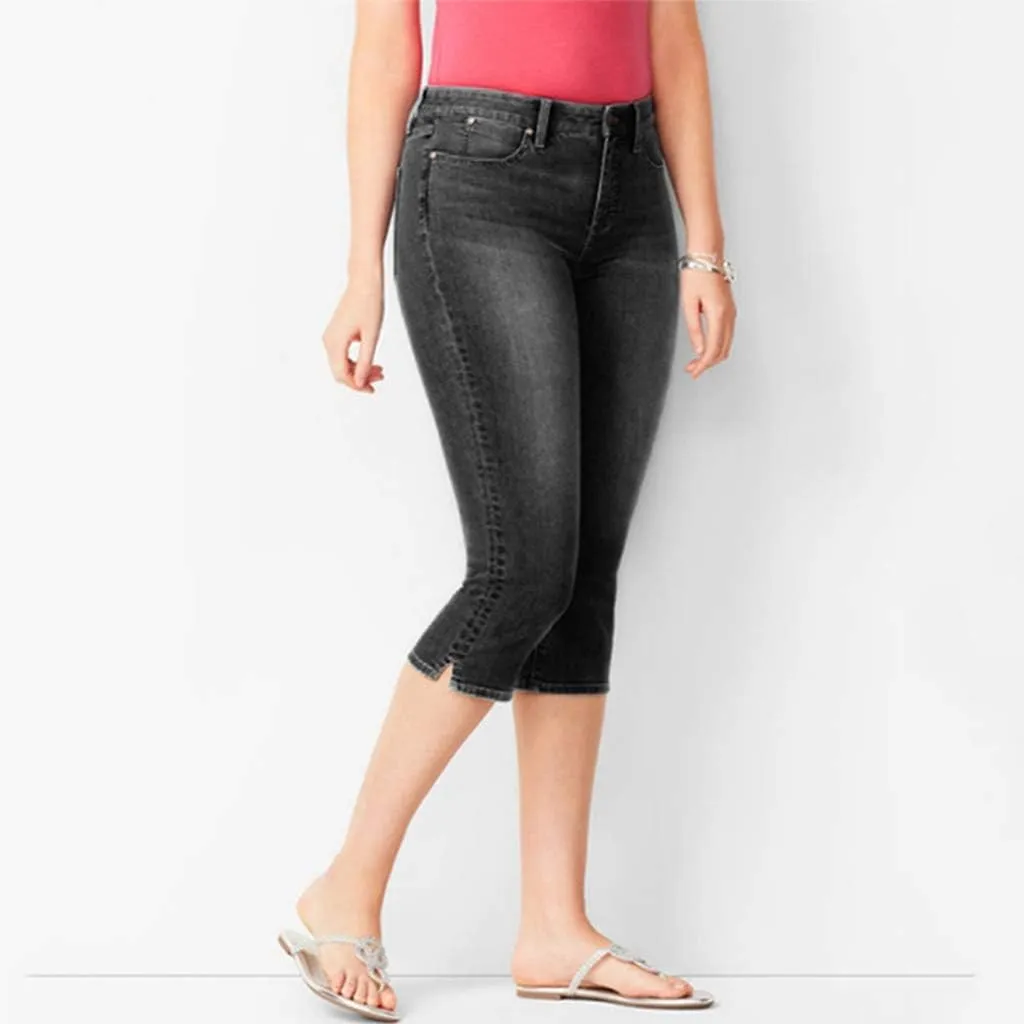 Womens 3/4 Length Casual Jeans Trendy Stretch Zipper Button High Waiste Calf Denim Pant Gradient Tight Casual Trouser