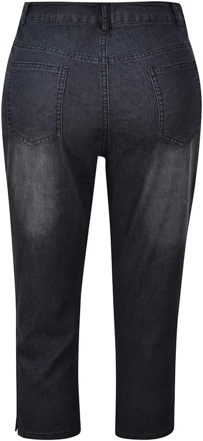 Womens 3/4 Length Casual Jeans Trendy Stretch Zipper Button High Waiste Calf Denim Pant Gradient Tight Casual Trouser