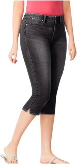 Womens 3/4 Length Casual Jeans Trendy Stretch Zipper Button High Waiste Calf Denim Pant Gradient Tight Casual Trouser