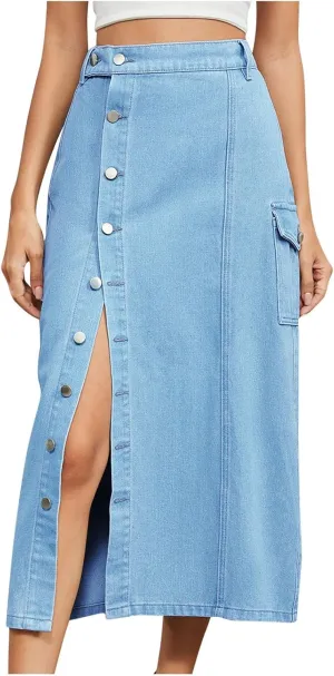 Womens Button Up Denim Skirt High Waisted Maxi Skirts A line Flare Jean Skirt Stretch Midi Dress with Pockets