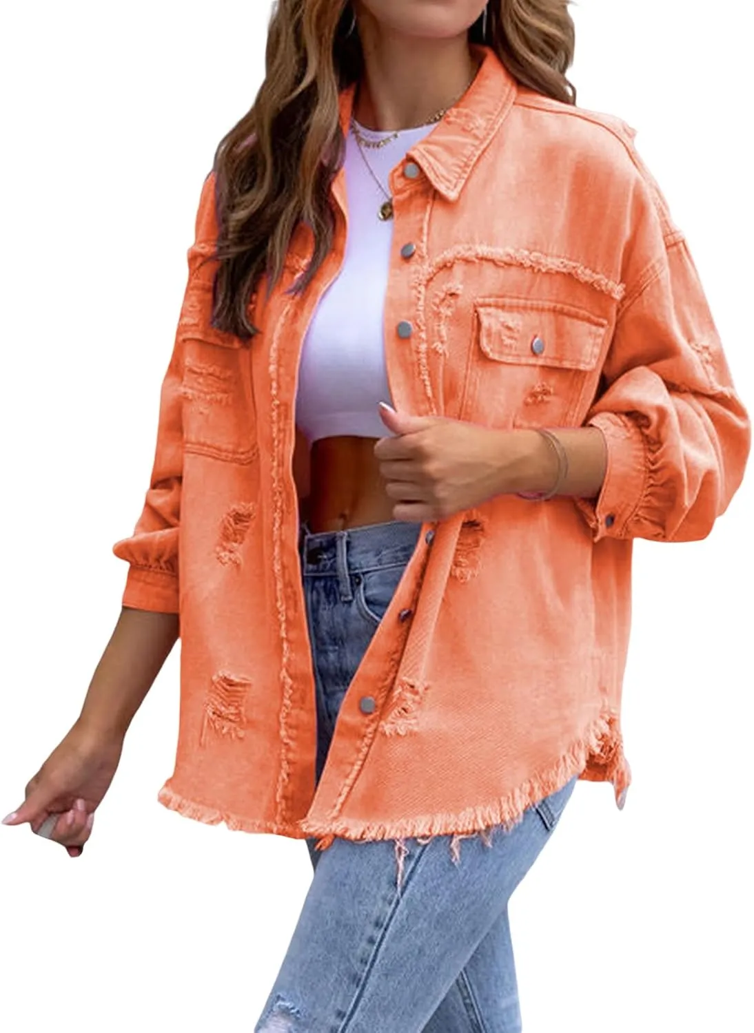 Women's Casual Denim Jacket 2024 Solid Color Button Down Boyfriend Jean Jackets Y2k Denim Coat Fashion Trucker Jacket