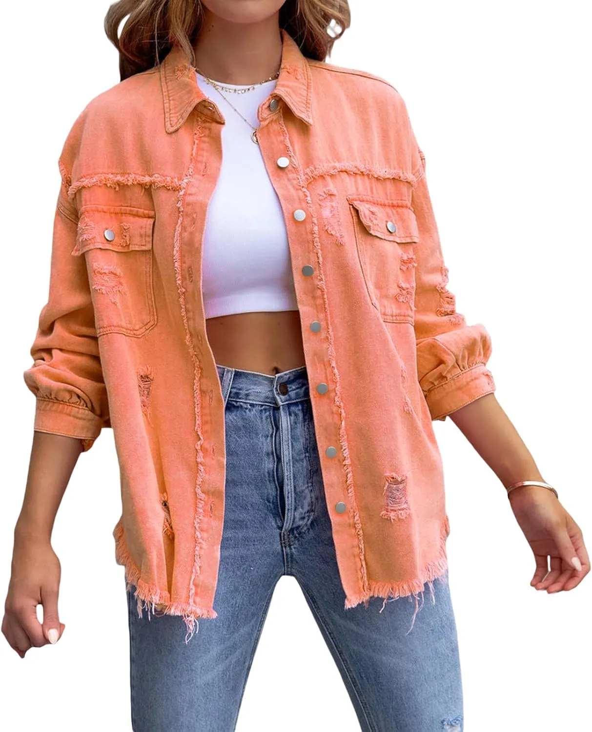 Women's Casual Denim Jacket 2024 Solid Color Button Down Boyfriend Jean Jackets Y2k Denim Coat Fashion Trucker Jacket