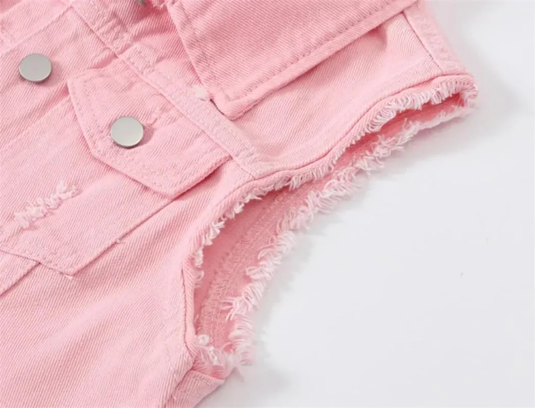 Women's Casual Denim Waistcoat Slim Fit Sleeveless Button Jacket Vest With Pockets Tops