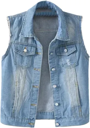 Women's Casual Denim Waistcoat Slim Fit Sleeveless Button Jacket Vest With Pockets Tops