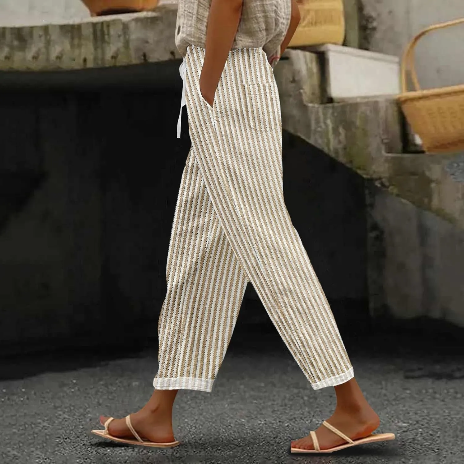 Women's Casual Stripe Pants Straight Leg Summer Beach Palazzo Trouser Loose Office Daily Wear Cotton Linen Streetwear