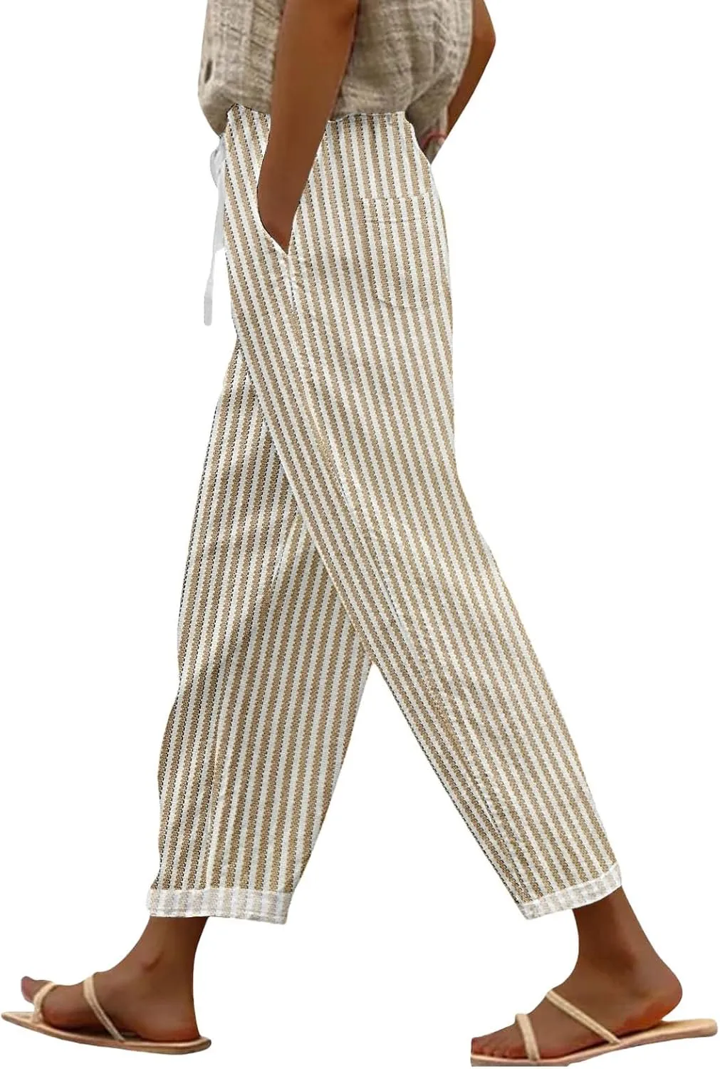 Women's Casual Stripe Pants Straight Leg Summer Beach Palazzo Trouser Loose Office Daily Wear Cotton Linen Streetwear