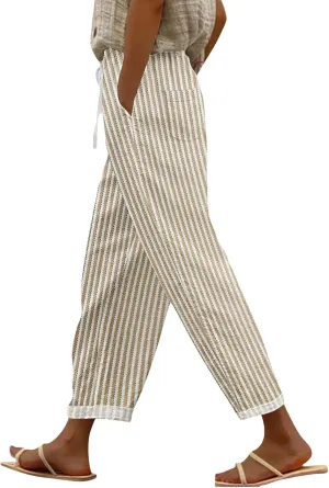 Women's Casual Stripe Pants Straight Leg Summer Beach Palazzo Trouser Loose Office Daily Wear Cotton Linen Streetwear