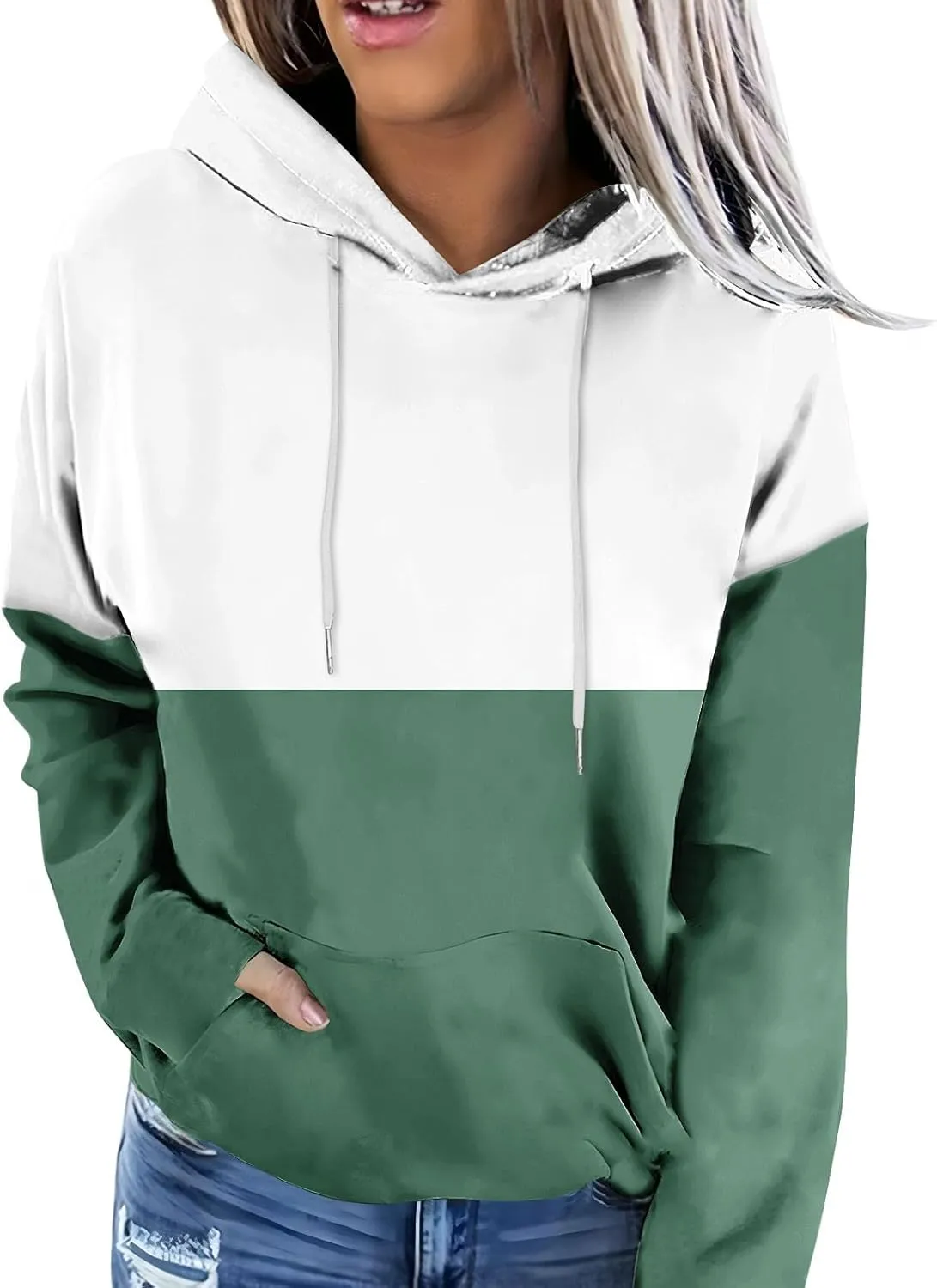 Women's Color Block Hoodie Sweatshirt Casual Long Sleeve Drawstring Jacket Sweater with Pockets Loose Fit Fall Coat