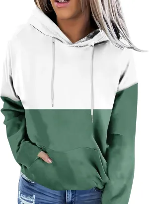 Women's Color Block Hoodie Sweatshirt Casual Long Sleeve Drawstring Jacket Sweater with Pockets Loose Fit Fall Coat