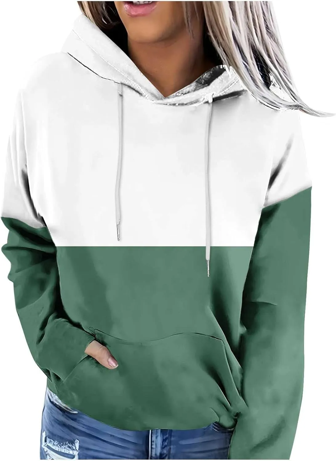 Women's Color Block Hoodie Sweatshirt Casual Long Sleeve Drawstring Jacket Sweater with Pockets Loose Fit Fall Coat