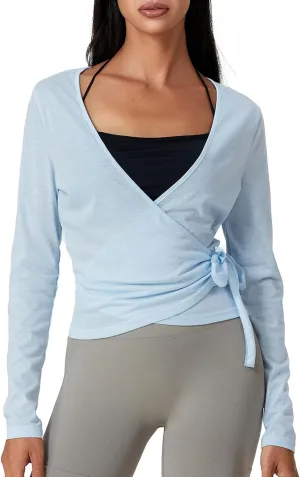 Womens Cross Wrap Tie Tops Long Sleeve Deep V Neck Bandage Surplice Wrap Crop Top Slim Fit T-Shirts Workout Blouses