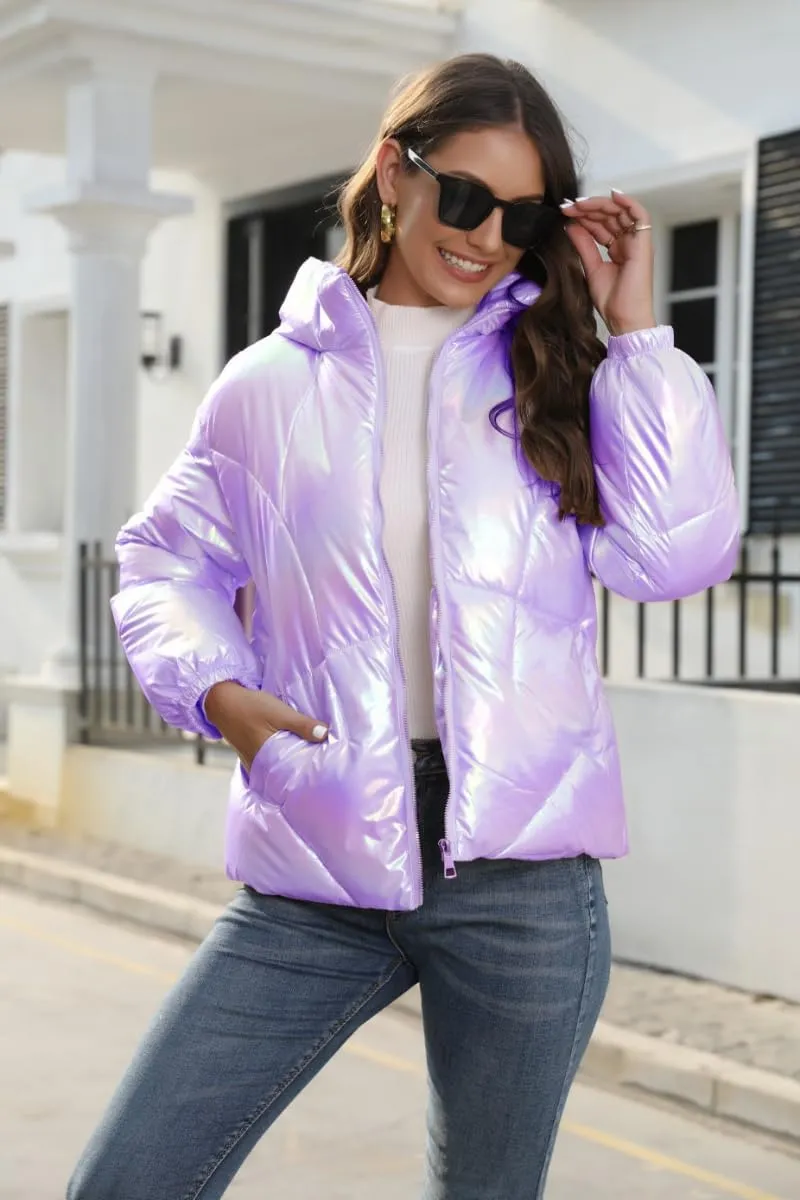 Women's Cute Shiny Lightweight Down Zipper Puffer Jacket Short Hooded Puffer Coat Warm for Winter with Pockets