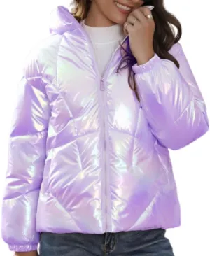Women's Cute Shiny Lightweight Down Zipper Puffer Jacket Short Hooded Puffer Coat Warm for Winter with Pockets