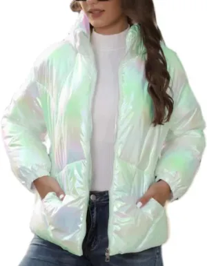 Women's Cute Shiny Lightweight Down Zipper Puffer Jacket Short Hooded Puffer Coat Warm for Winter with Pockets