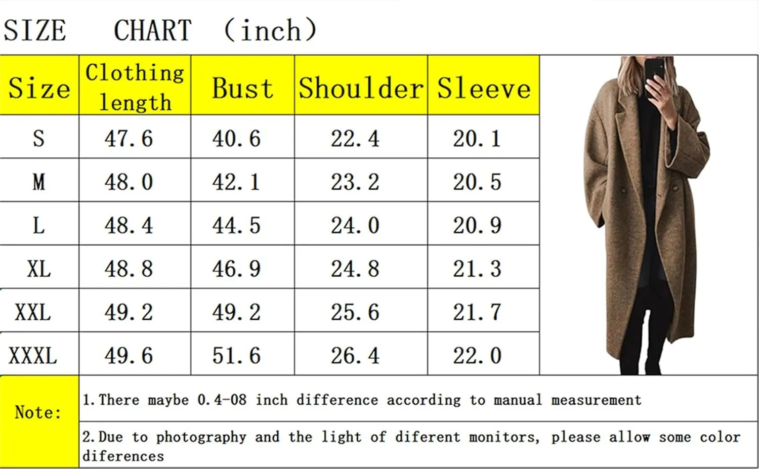 Women's Double Breasted Wool Coat Oversized Jacket Notch Lapel Wool Blend Mid Long Pea Trench Coat Winter Overcoat
