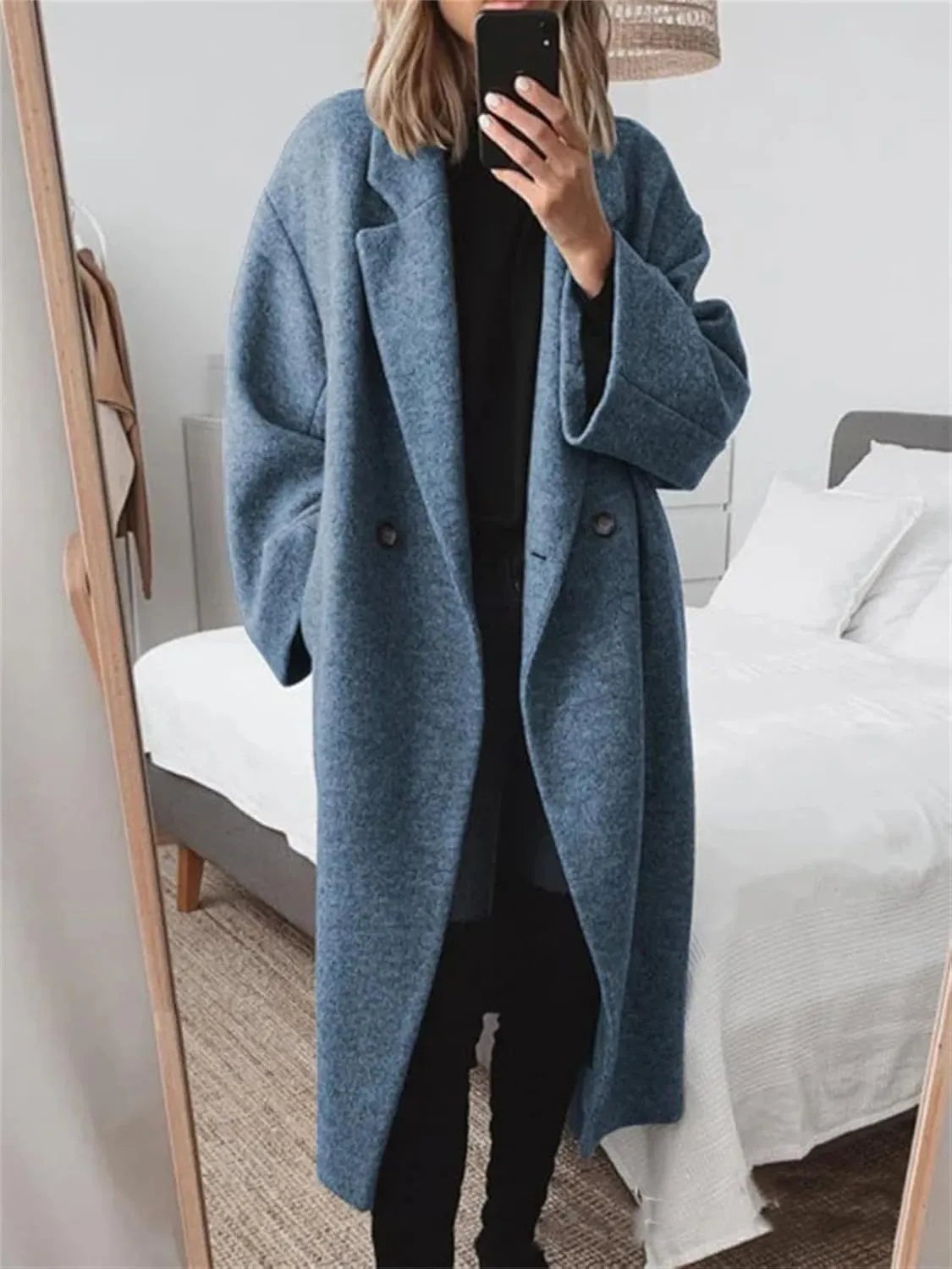 Women's Double Breasted Wool Coat Oversized Jacket Notch Lapel Wool Blend Mid Long Pea Trench Coat Winter Overcoat