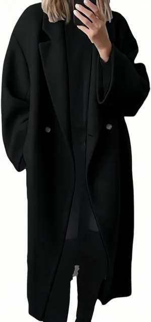 Women's Double Breasted Wool Coat Oversized Jacket Notch Lapel Wool Blend Mid Long Pea Trench Coat Winter Overcoat